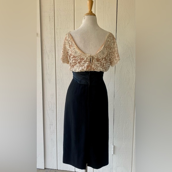 Vtg 60s Black Ivory Floral Lace Cocktail Dress Rhinestone Sz S Handmade As Is - Picture 12 of 13